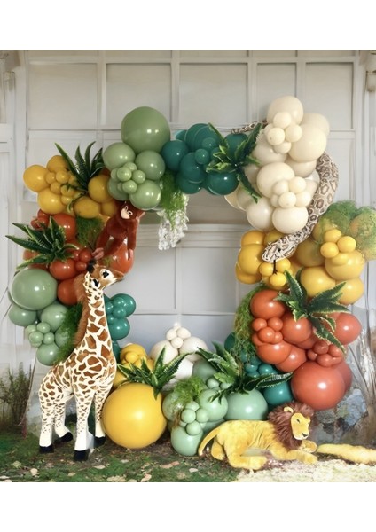 125 Parça Safari Temalı Balon Seti Doğum Günü Baby Shower İçin Koyu Yeşil Bej Renkler