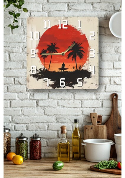 Gün Batımı ve Sörfçü Temalı Temperli Cam Kare Saat 33X33 cm Ebadında Uv Baskı - KCS016