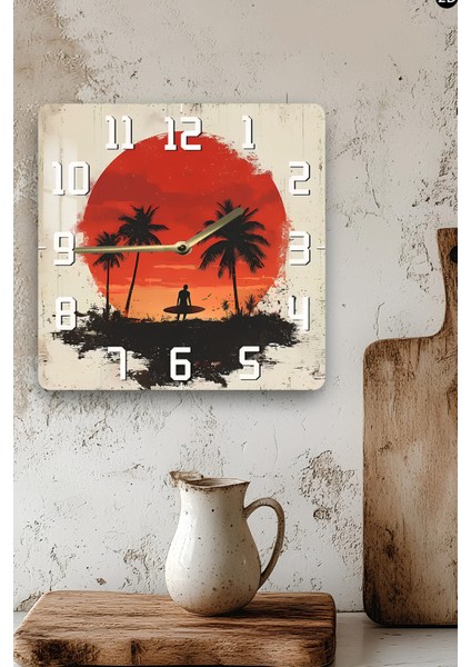Gün Batımı ve Sörfçü Temalı Temperli Cam Kare Saat 33X33 cm Ebadında Uv Baskı - KCS016 modelleri