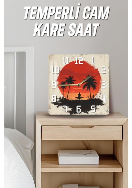Gün Batımı ve Sörfçü Temalı Temperli Cam Kare Saat 33X33 cm Ebadında Uv Baskı - KCS016 fırsatları