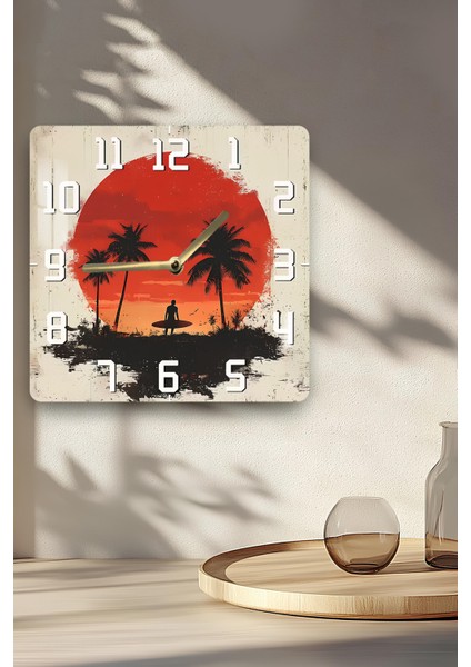 Gün Batımı ve Sörfçü Temalı Temperli Cam Kare Saat 33X33 cm Ebadında Uv Baskı - KCS016 indirimleri