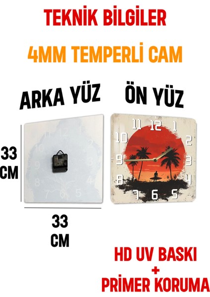 Gün Batımı ve Sörfçü Temalı Temperli Cam Kare Saat 33X33 cm Ebadında Uv Baskı - KCS016