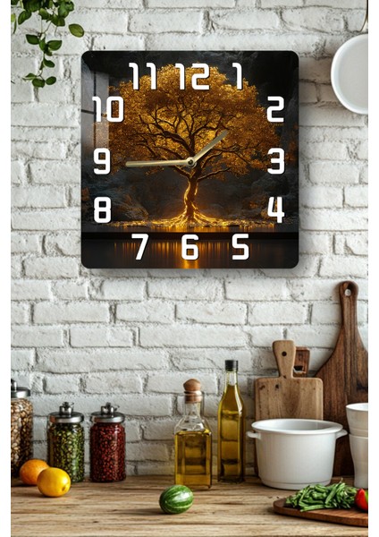 Altın Işıklı Ağaç Temalı Temperli Cam Kare Saat 33X33 cm Ebadında Uv Baskı - KCS038