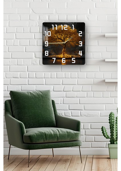 Altın Işıklı Ağaç Temalı Temperli Cam Kare Saat 33X33 cm Ebadında Uv Baskı - KCS038 fiyatları