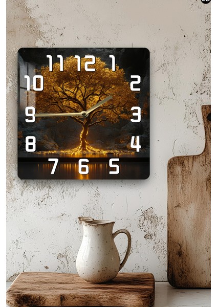 Altın Işıklı Ağaç Temalı Temperli Cam Kare Saat 33X33 cm Ebadında Uv Baskı - KCS038 modelleri