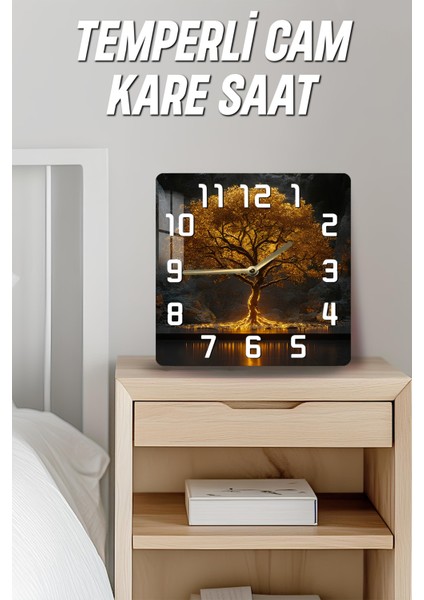 Altın Işıklı Ağaç Temalı Temperli Cam Kare Saat 33X33 cm Ebadında Uv Baskı - KCS038 fırsatları