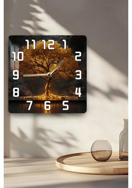 Altın Işıklı Ağaç Temalı Temperli Cam Kare Saat 33X33 cm Ebadında Uv Baskı - KCS038 indirimleri