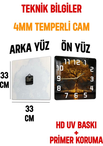 Altın Işıklı Ağaç Temalı Temperli Cam Kare Saat 33X33 cm Ebadında Uv Baskı - KCS038