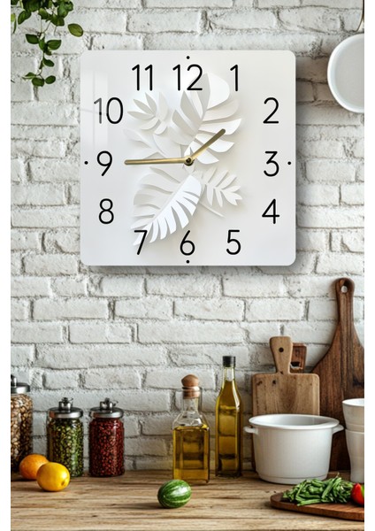 Beyaz Yaprak Desenli Temperli Cam Kare Saat 33X33 cm Ebadında Uv Baskı - KCS037