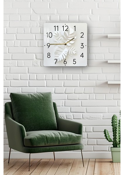 Beyaz Yaprak Desenli Temperli Cam Kare Saat 33X33 cm Ebadında Uv Baskı - KCS037 fiyatları