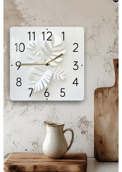 Beyaz Yaprak Desenli Temperli Cam Kare Saat 33X33 cm Ebadında Uv Baskı - KCS037 modelleri