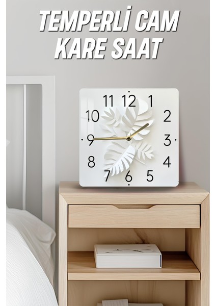 Beyaz Yaprak Desenli Temperli Cam Kare Saat 33X33 cm Ebadında Uv Baskı - KCS037 fırsatları