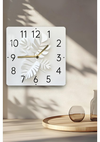 Beyaz Yaprak Desenli Temperli Cam Kare Saat 33X33 cm Ebadında Uv Baskı - KCS037 indirimleri
