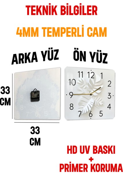 Beyaz Yaprak Desenli Temperli Cam Kare Saat 33X33 cm Ebadında Uv Baskı - KCS037