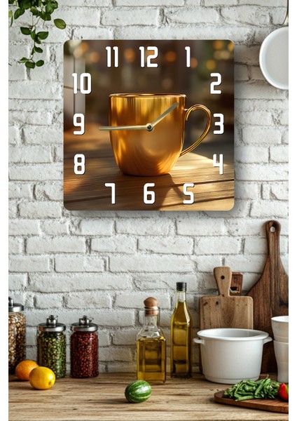 Altın Kupa Temalı Temperli Cam Kare Saat 33X33 cm Ebadında Uv Baskı - KCS021