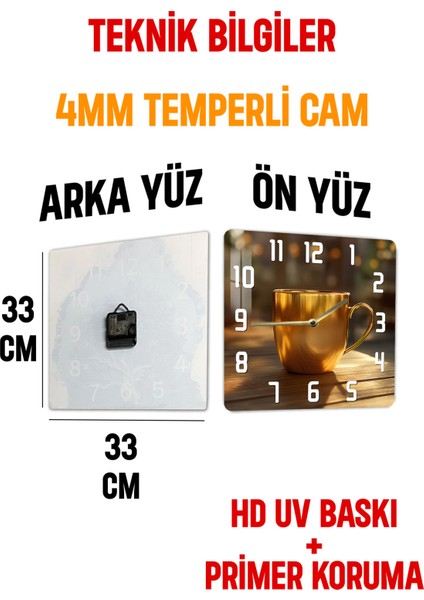 Altın Kupa Temalı Temperli Cam Kare Saat 33X33 cm Ebadında Uv Baskı - KCS021