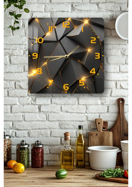 Geometrik Siyah ve Altın Işıklı Desen Temperli Cam Kare Saat 33X33 cm Ebadında Uv Baskı -KCS017