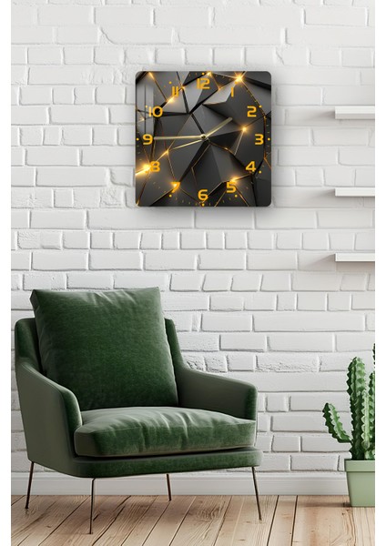 Geometrik Siyah ve Altın Işıklı Desen Temperli Cam Kare Saat 33X33 cm Ebadında Uv Baskı -KCS017 fiyatları