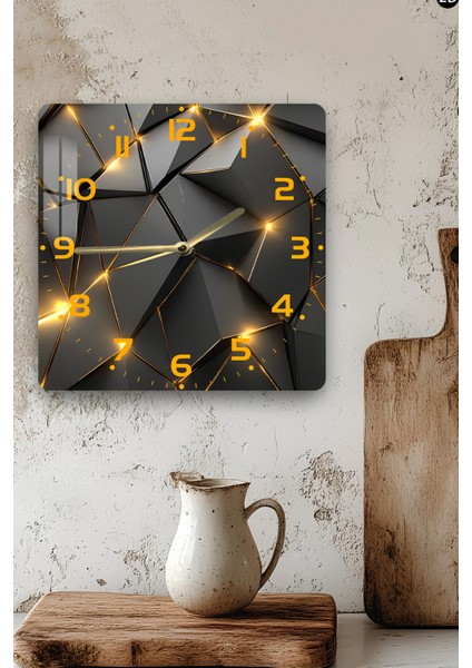 Geometrik Siyah ve Altın Işıklı Desen Temperli Cam Kare Saat 33X33 cm Ebadında Uv Baskı -KCS017 modelleri