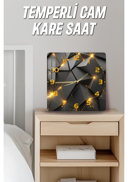 Geometrik Siyah ve Altın Işıklı Desen Temperli Cam Kare Saat 33X33 cm Ebadında Uv Baskı -KCS017 fırsatları
