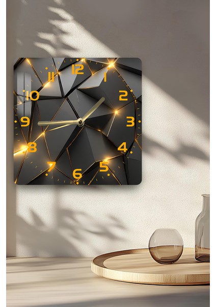 Geometrik Siyah ve Altın Işıklı Desen Temperli Cam Kare Saat 33X33 cm Ebadında Uv Baskı -KCS017 indirimleri