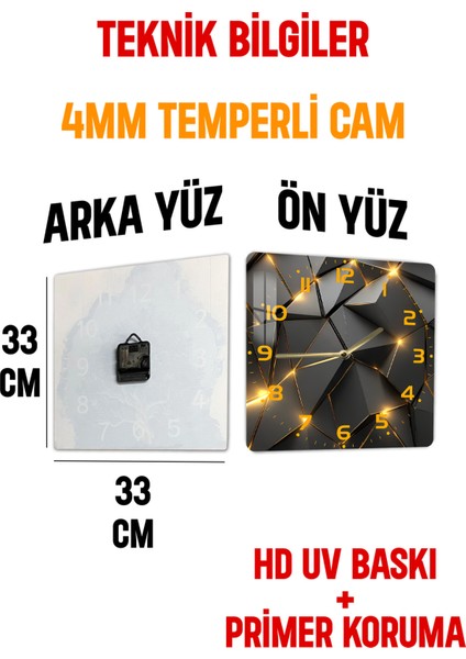 Geometrik Siyah ve Altın Işıklı Desen Temperli Cam Kare Saat 33X33 cm Ebadında Uv Baskı -KCS017