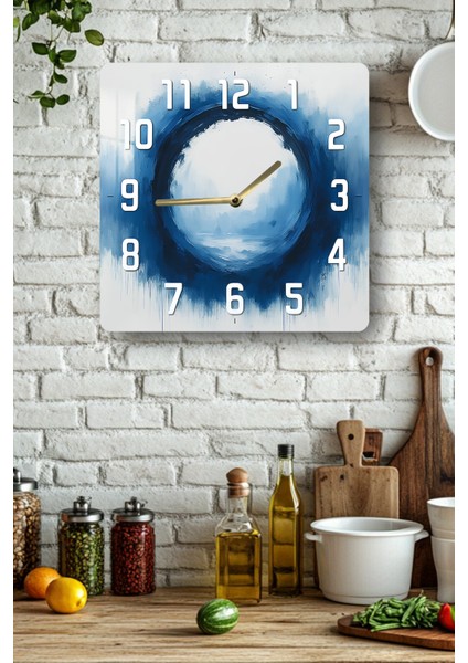 Mavi Halkalı Soyut Desenli Temperli Cam Kare Saat 33X33 cm Ebadında Uv Baskı - KCS044