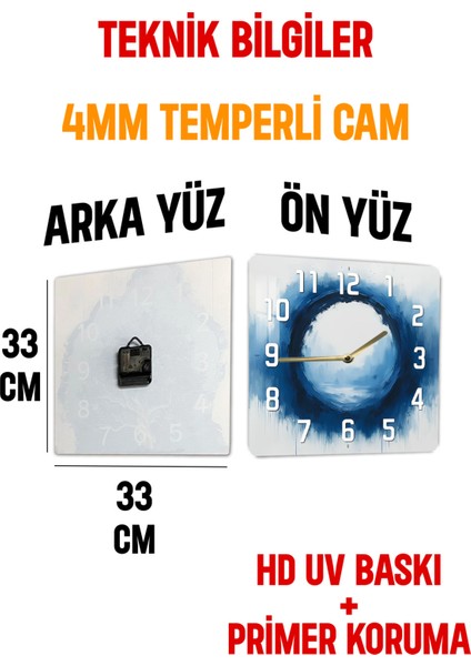 Mavi Halkalı Soyut Desenli Temperli Cam Kare Saat 33X33 cm Ebadında Uv Baskı - KCS044