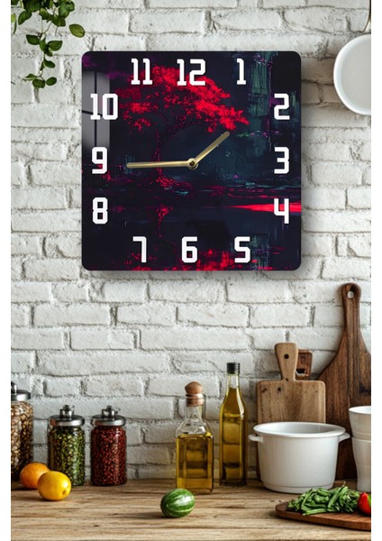 Kırmızı Ağaç Temalı Temperli Cam Kare Saat 33X33 cm Ebadında Uv Baskı - KCS025
