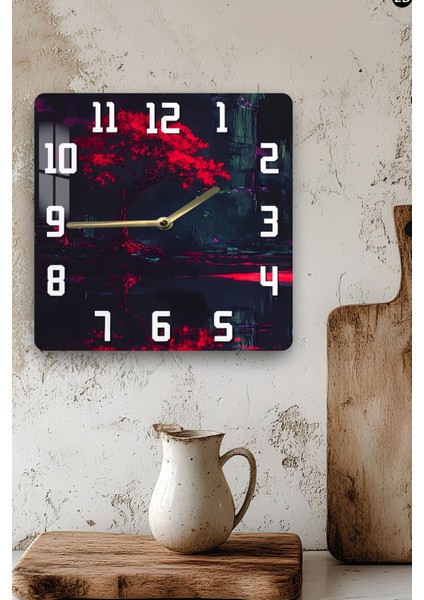 Kırmızı Ağaç Temalı Temperli Cam Kare Saat 33X33 cm Ebadında Uv Baskı - KCS025 modelleri