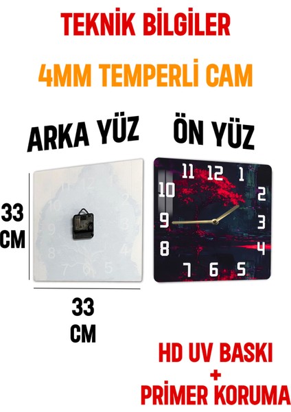 Kırmızı Ağaç Temalı Temperli Cam Kare Saat 33X33 cm Ebadında Uv Baskı - KCS025