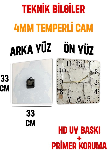 Beton Dokulu Temperli Cam Kare Saat 33X33 cm Ebadında Uv Baskı - KCS034