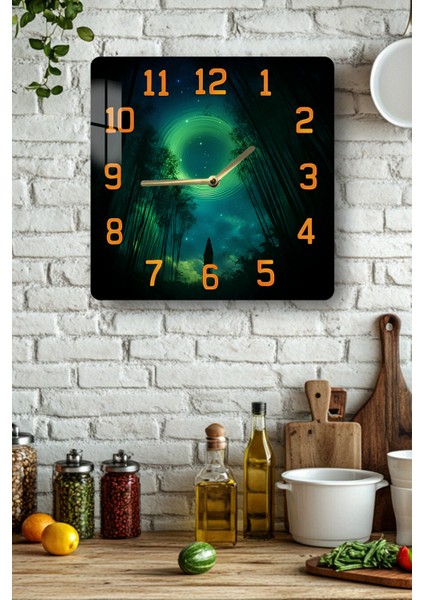 Kozmik Gece ve Yeşil Işık Temalı Temperli Cam Kare Saat 33X33 cm Ebadında Uv Baskı - KCS070