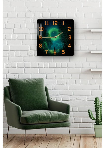 Kozmik Gece ve Yeşil Işık Temalı Temperli Cam Kare Saat 33X33 cm Ebadında Uv Baskı - KCS070 fiyatları