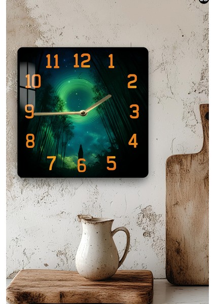 Kozmik Gece ve Yeşil Işık Temalı Temperli Cam Kare Saat 33X33 cm Ebadında Uv Baskı - KCS070 modelleri