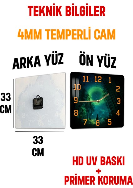 Kozmik Gece ve Yeşil Işık Temalı Temperli Cam Kare Saat 33X33 cm Ebadında Uv Baskı - KCS070