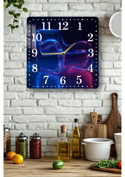Mavi ve Pembe Işık Geçişli Soyut Desenli Temperli Cam Kare Saat 33X33 cm Ebadında Uv Baskı - KCS043