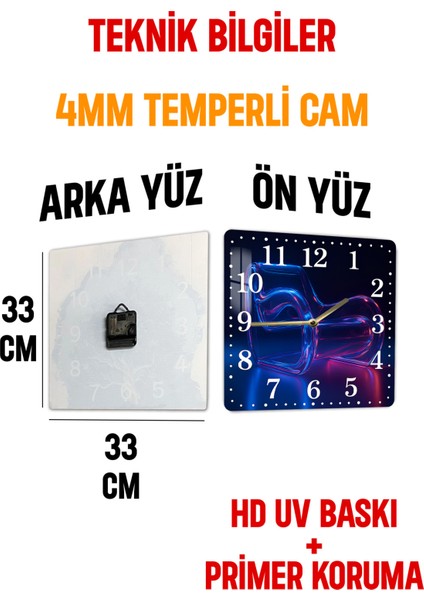 Mavi ve Pembe Işık Geçişli Soyut Desenli Temperli Cam Kare Saat 33X33 cm Ebadında Uv Baskı - KCS043