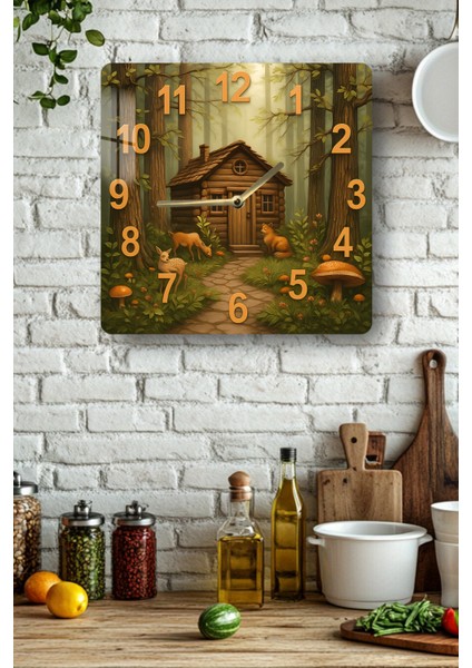 Orman Evi Temalı Temperli Cam Kare Saat 33X33 cm Ebadında Uv Baskı - KCS040