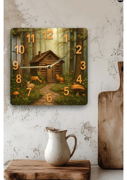 Orman Evi Temalı Temperli Cam Kare Saat 33X33 cm Ebadında Uv Baskı - KCS040 modelleri
