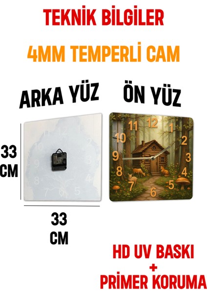 Orman Evi Temalı Temperli Cam Kare Saat 33X33 cm Ebadında Uv Baskı - KCS040