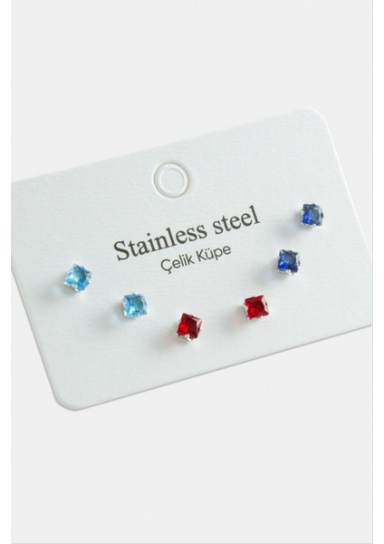 6 Adet Kare Renkli Zirkon Tek Taşlı Çelik Küpe