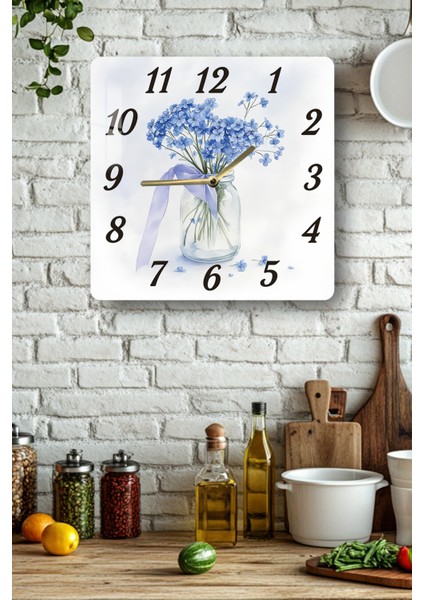 Mavi Çiçekli Cam Vazo Temalı Temperli Cam Kare Saat 33X33 cm Ebadında Uv Baskı - KCS064