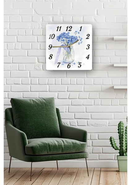 Mavi Çiçekli Cam Vazo Temalı Temperli Cam Kare Saat 33X33 cm Ebadında Uv Baskı - KCS064 fiyatları