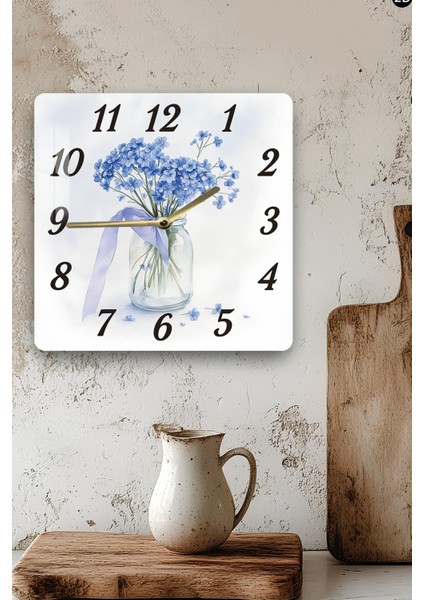 Mavi Çiçekli Cam Vazo Temalı Temperli Cam Kare Saat 33X33 cm Ebadında Uv Baskı - KCS064 modelleri