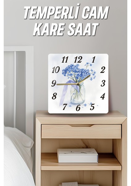Mavi Çiçekli Cam Vazo Temalı Temperli Cam Kare Saat 33X33 cm Ebadında Uv Baskı - KCS064 fırsatları