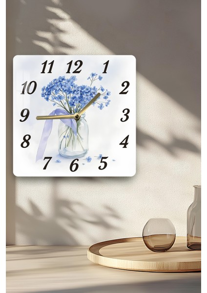 Mavi Çiçekli Cam Vazo Temalı Temperli Cam Kare Saat 33X33 cm Ebadında Uv Baskı - KCS064 indirimleri