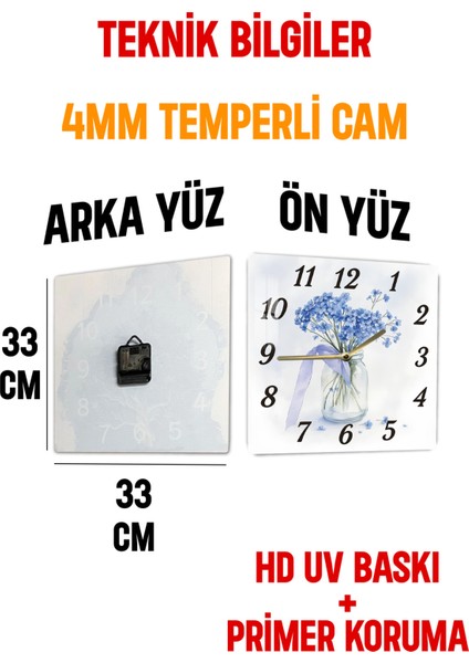 Mavi Çiçekli Cam Vazo Temalı Temperli Cam Kare Saat 33X33 cm Ebadında Uv Baskı - KCS064