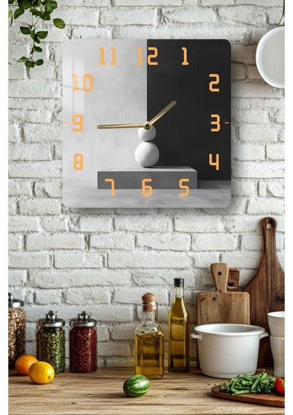 Siyah Beyaz Minimal Heykel Temalı Temperli Cam Kare Saat 33X33 cm Ebadında Uv Baskı - KCS040