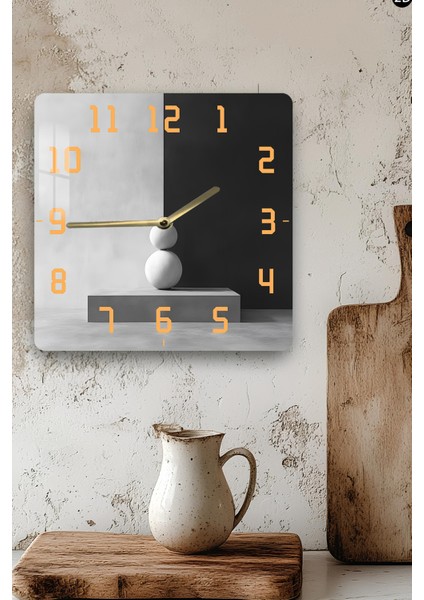 Siyah Beyaz Minimal Heykel Temalı Temperli Cam Kare Saat 33X33 cm Ebadında Uv Baskı - KCS040 indirimleri